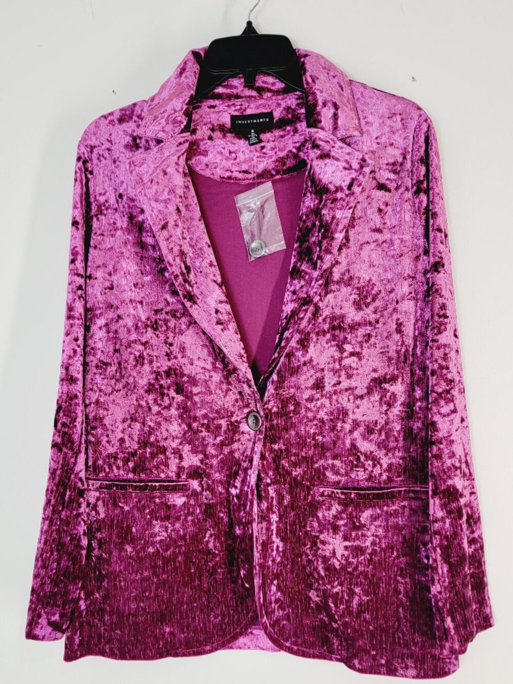 Investments Fuchsia Pink Crushed Velour Single Button Blazer Size S NEW!
